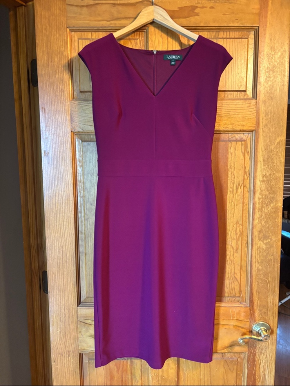 Ralph Lauren Deep Berry V-Neck Cap Sleeve Midi Sheath Dress
